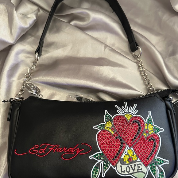 Ed Hardy Black Shoulder Bag with Red and Green Embroidery - Picture 4 of 4